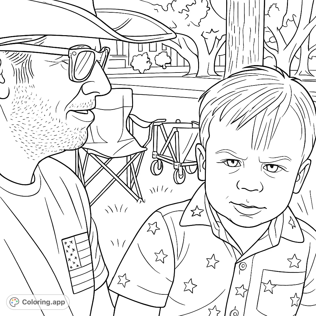 A heartwarming scene featuring a man in a cowboy hat and sunglasses alongside a young child in a star-patterned shirt, enjoying an outdoor gathering.