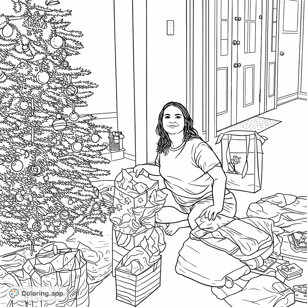 A festive scene featuring a person surrounded by holiday gifts and a beautifully decorated Christmas tree, perfect for creative coloring.