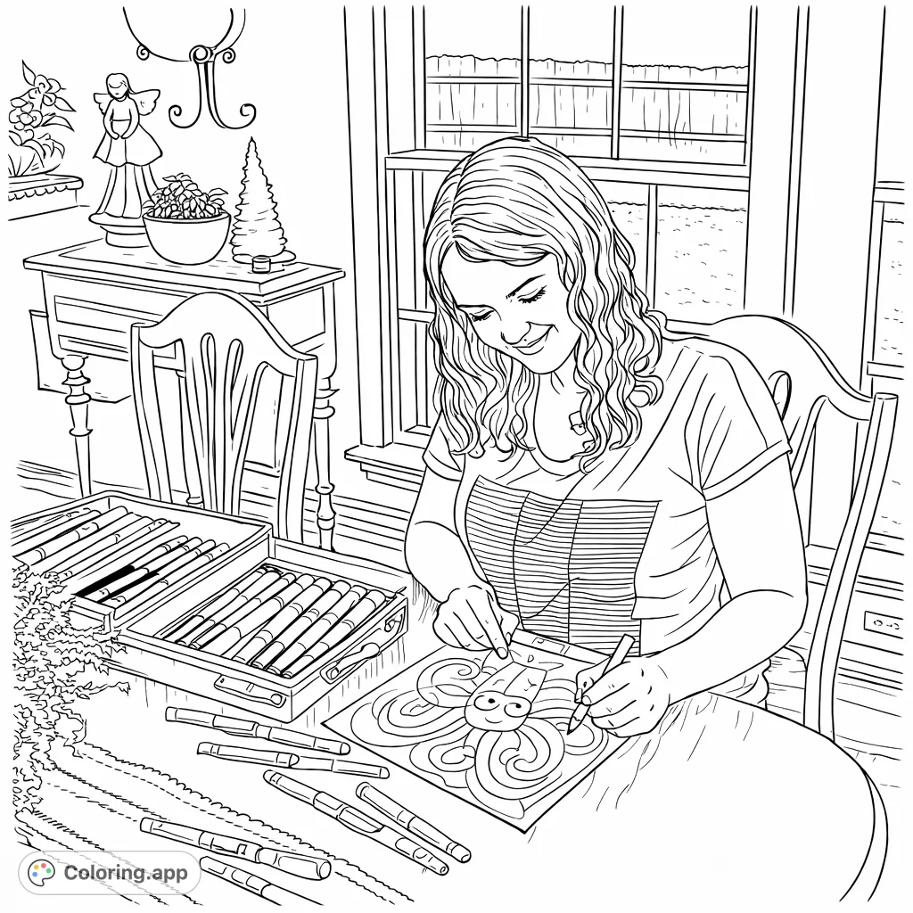 Dive into a delightful scene of a person intently coloring a whimsical banana character, surrounded by art supplies and a serene home setting. Perfect for creative fun!