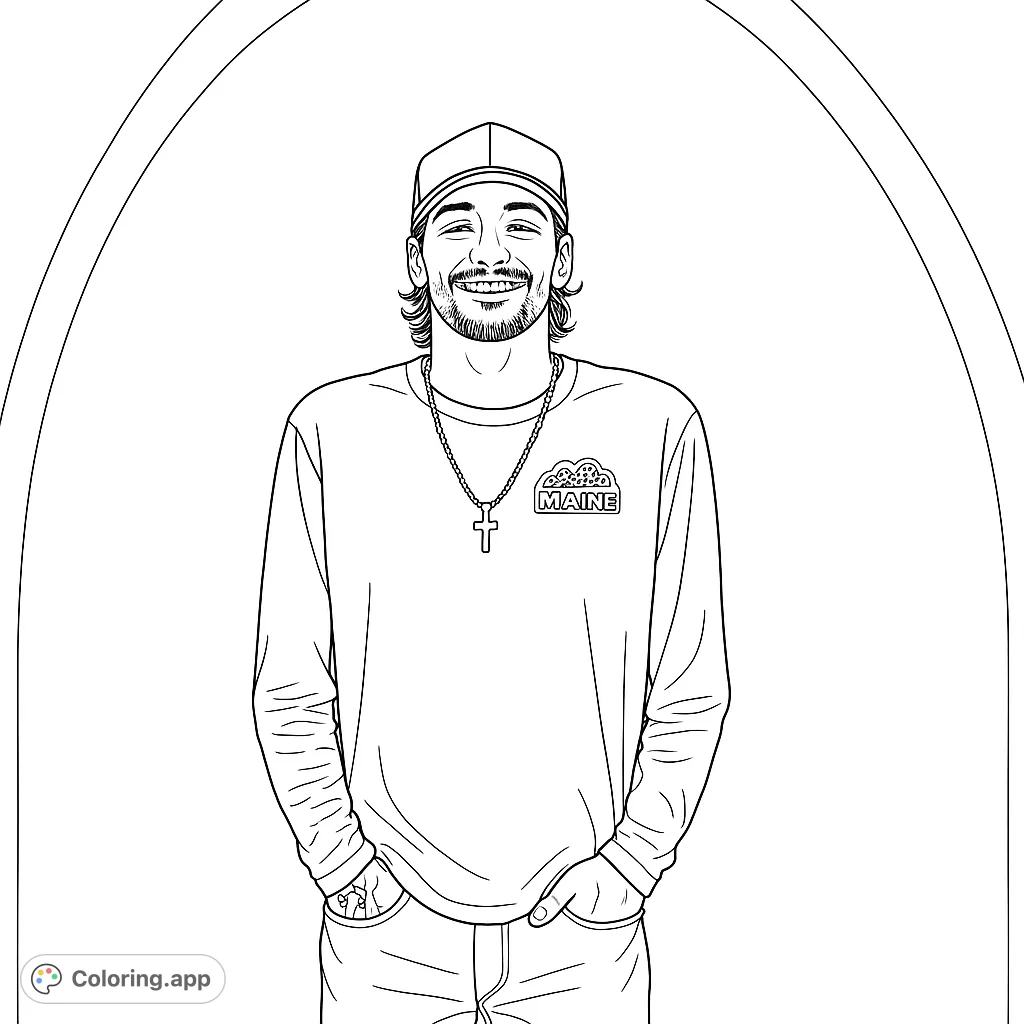 A friendly young man in a cap and necklace smiles, hands in pockets, against a simple background. Perfect for a casual portrait coloring page.