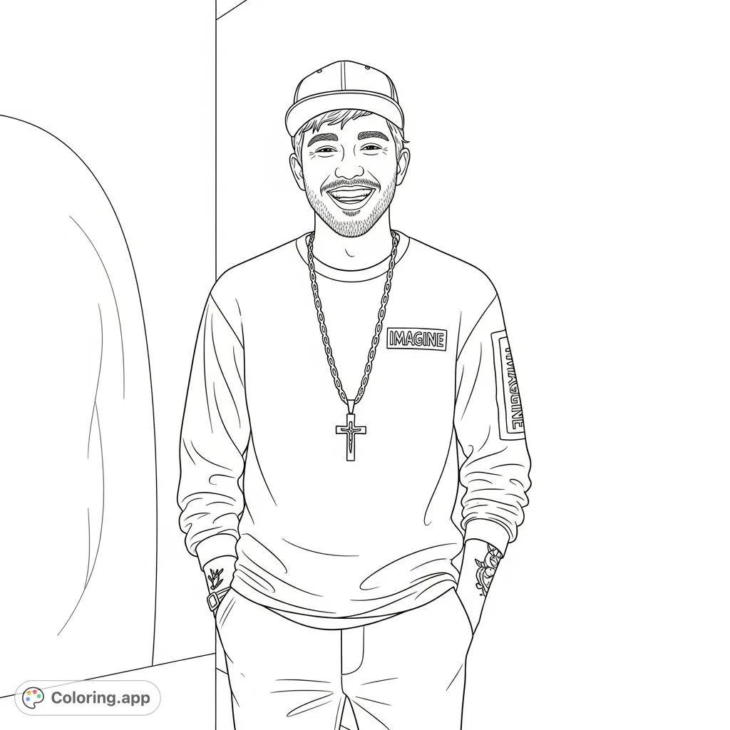 A detailed young man coloring page featuring a smiling figure in a baseball cap, "Imagine" shirt, and cross necklace, set against a subtle architectural background.