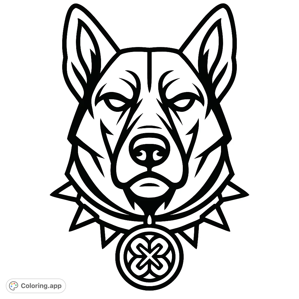 Unleash your creativity with this bold canine head coloring page, featuring a powerful dog with a spiked collar and intricate emblem. Perfect for dog lovers!