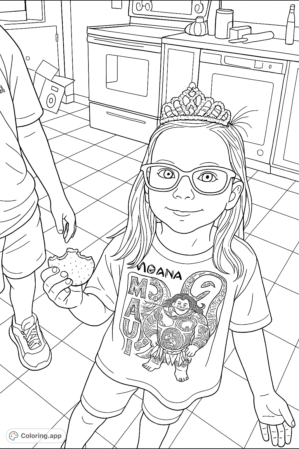 A delightful coloring page featuring a young child wearing a tiara and glasses, happily holding a cookie in a kitchen setting. Perfect for kids!