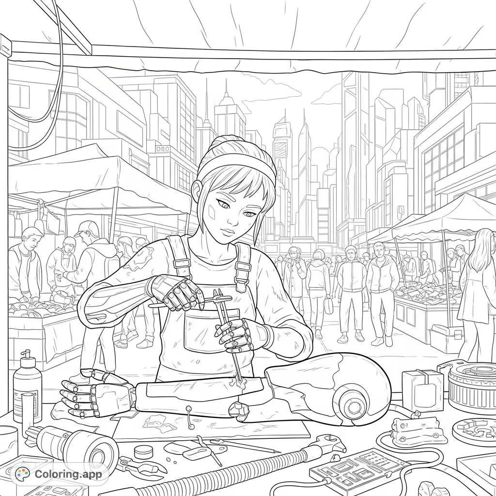 Join Cinder, a cyborg mechanic, at her New Beijing market stall, surrounded by intricate mechanical parts and towering futuristic buildings. A detailed scene for coloring.