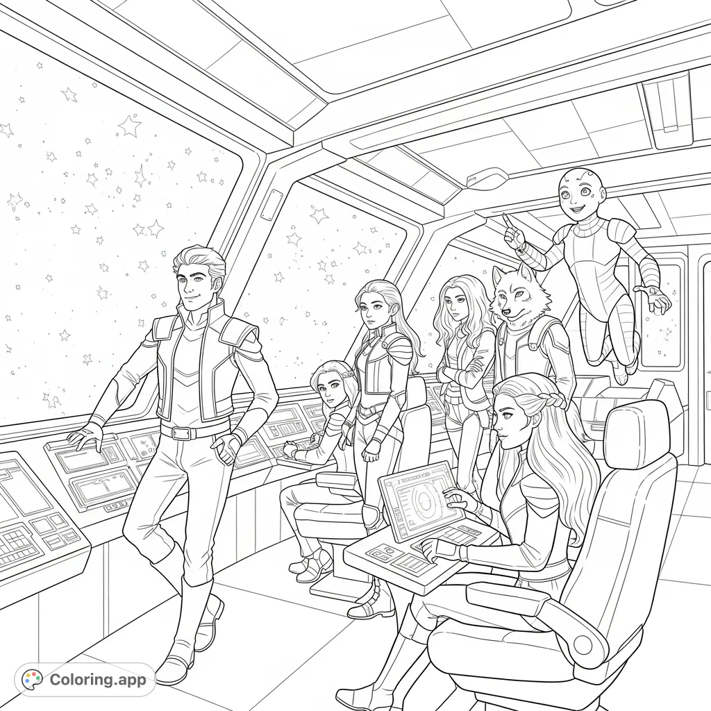 The Rampion crew, including Cinder, Thorne, and Iko, stands on the ship's bridge, gazing at a star-filled void. A detailed sci-fi adventure scene.