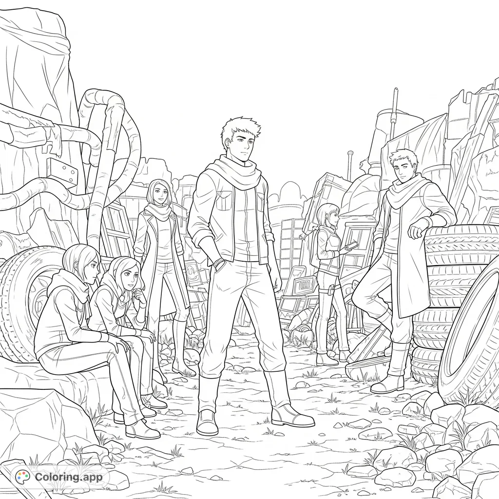 Join Connor, Risa, Lev, and friends in their junkyard hideout from Neal Shusterman's Unwind. A detailed dystopian scene for fans to color.