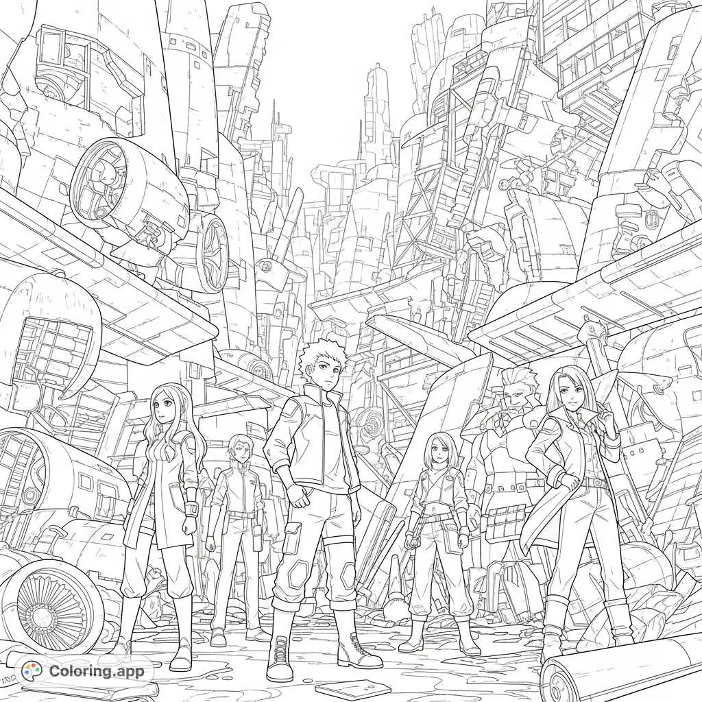A detailed Unwind coloring page featuring Connor, Risa, Lev, Roland, Mai, and Hayden amidst a vast junkyard, ready for adventure.