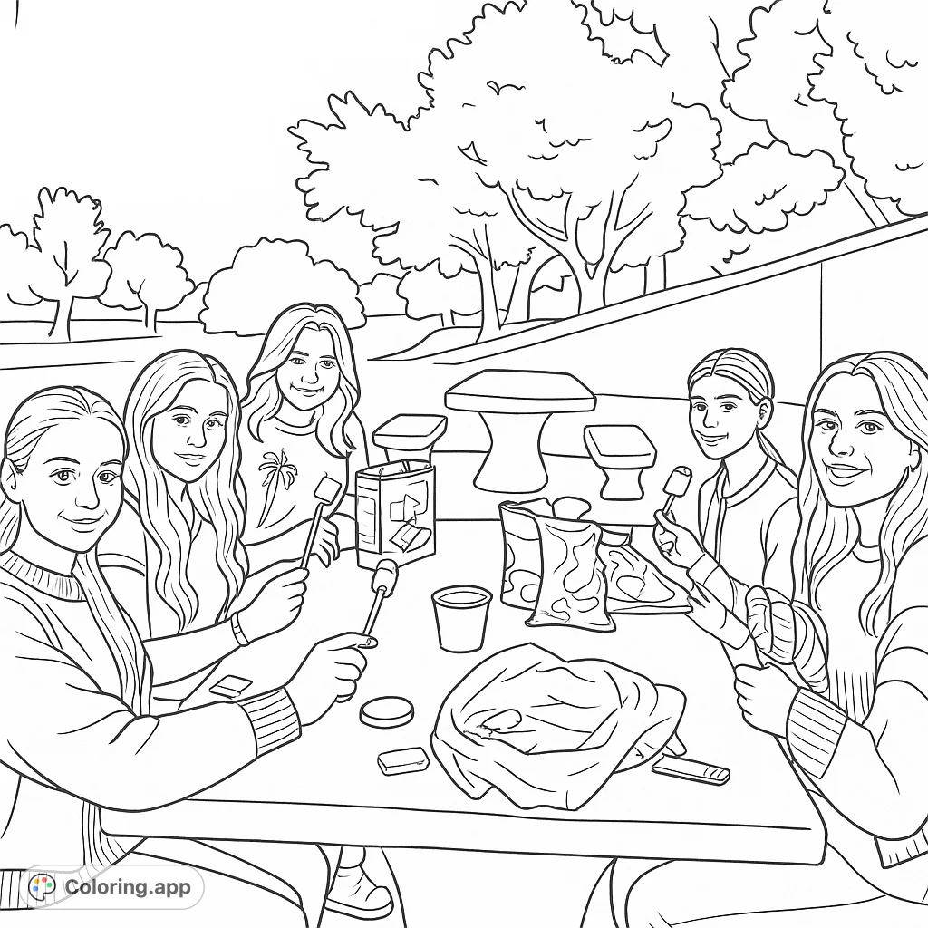 Six friends enjoy roasting marshmallows and making s'mores at a picnic table in a park. A delightful scene of outdoor fun and friendship.