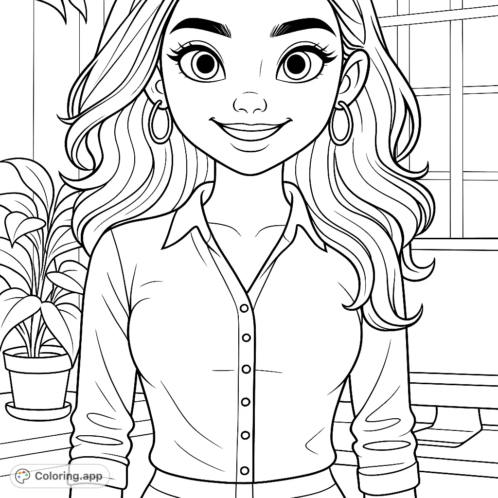 A charming professional woman with a warm smile, long wavy hair, and a collared shirt, set against a bright office background, ready for your creative touch.