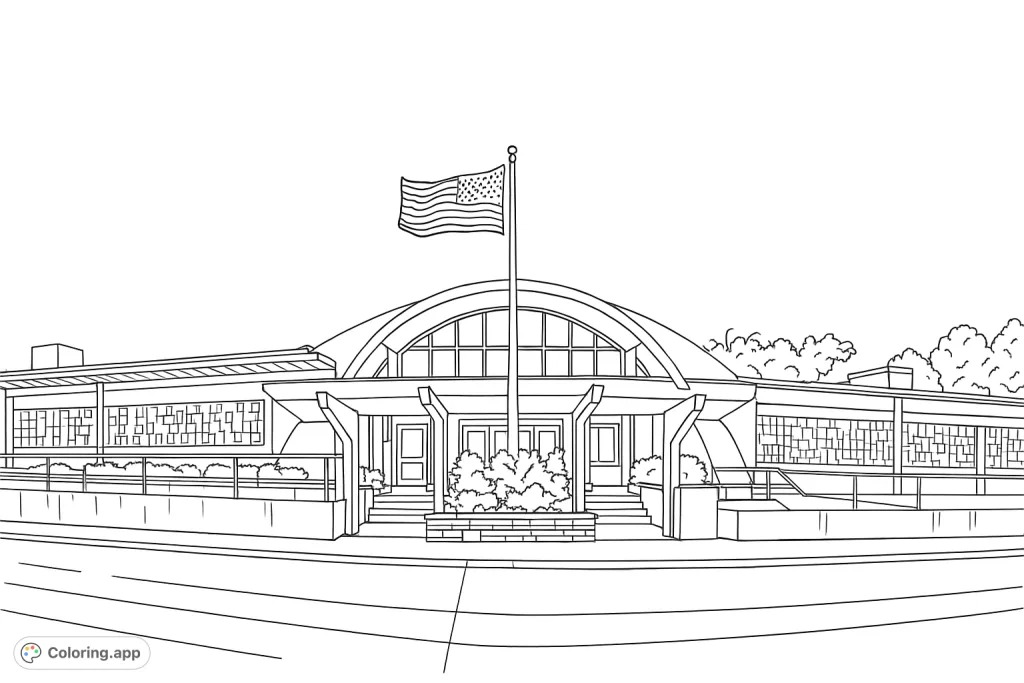 Color a detailed community building featuring an arched entrance, a waving flag, and intricate glass block windows. Perfect for architectural enthusiasts.