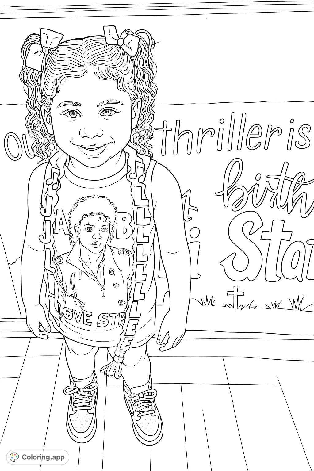 A cheerful child in a musical artist shirt, ready for a fun coloring adventure. Perfect for fans of music and adorable portraits!