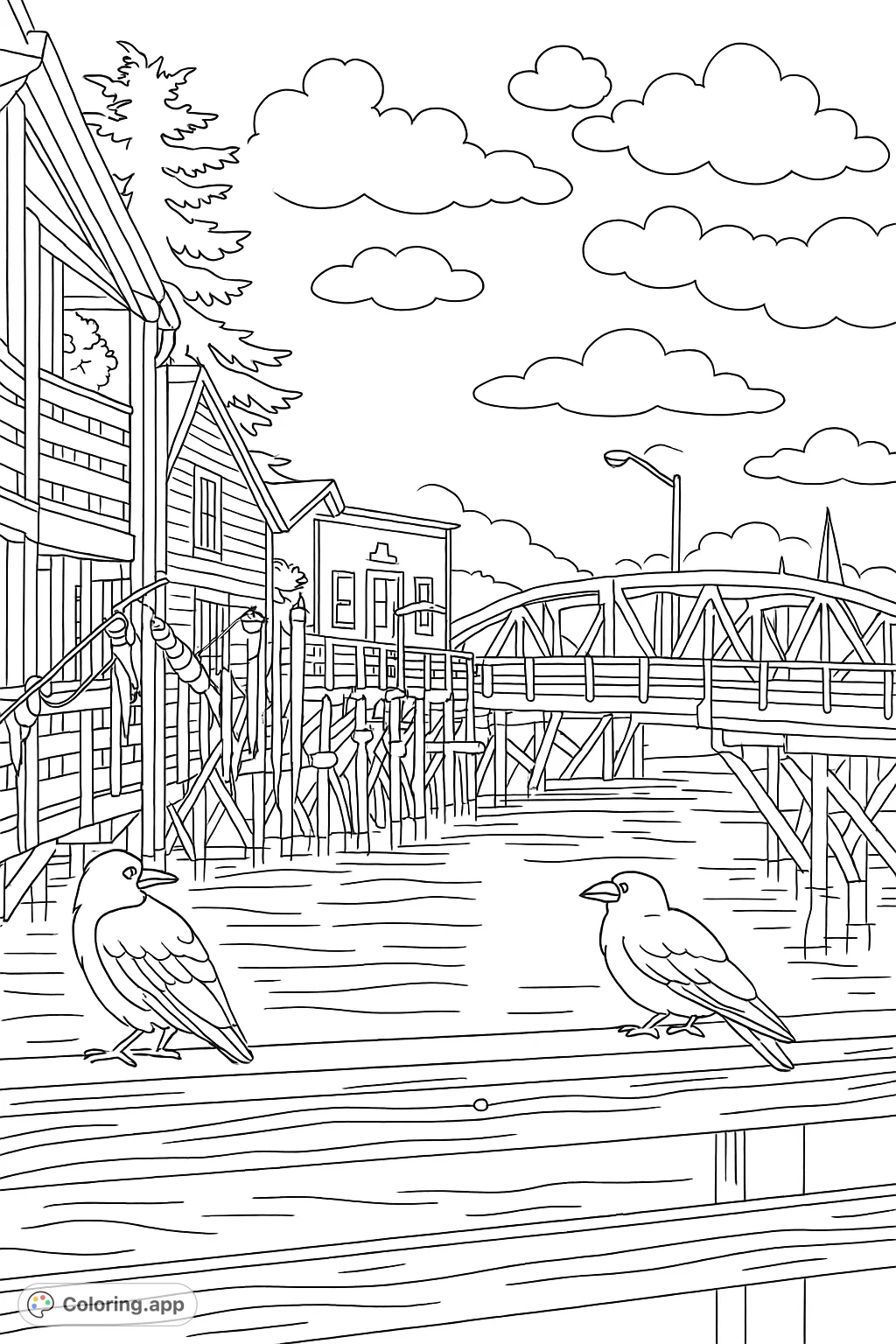 Two birds perch on a wooden railing overlooking a bustling waterfront with historic buildings, an intricate bridge, and distant mountains under a cloudy sky.