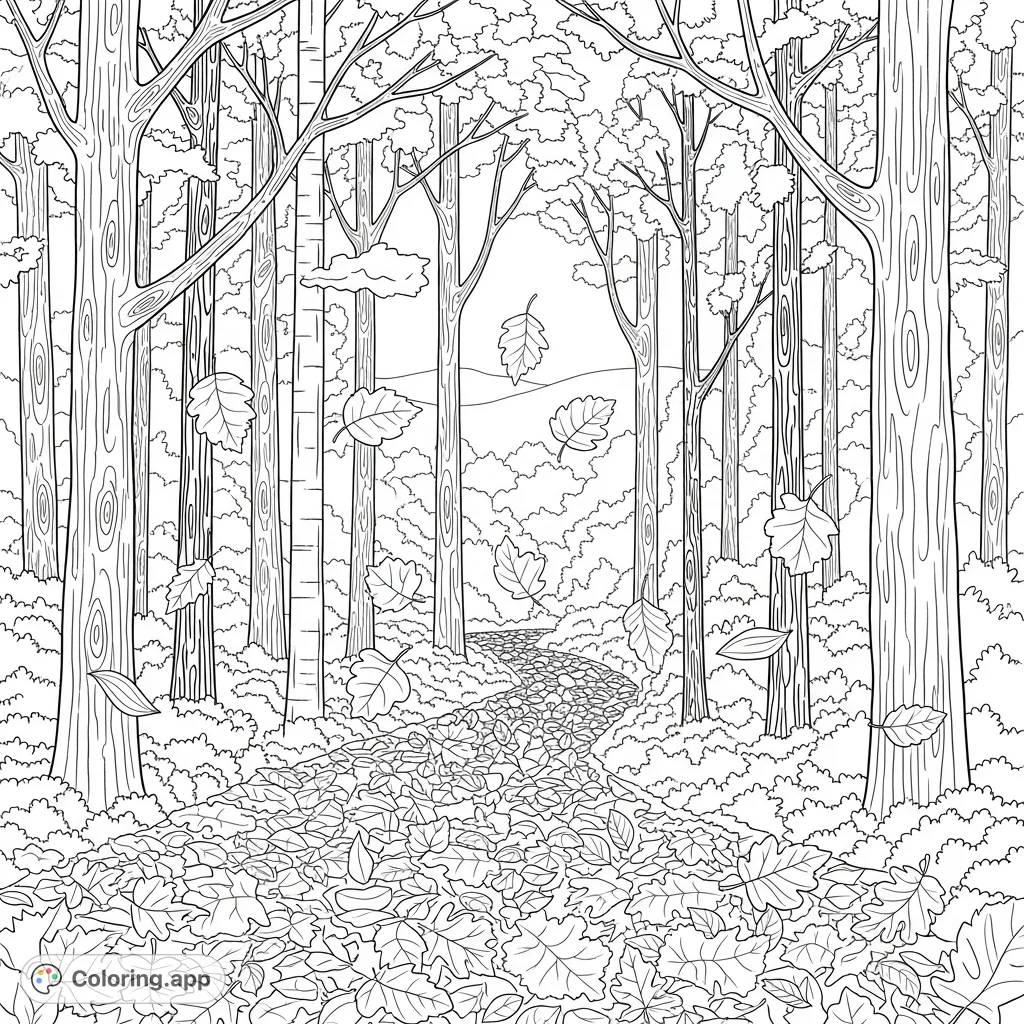 Explore a charming autumn forest scene with tall, textured trees, a winding path blanketed in leaves, and falling foliage. A serene nature coloring page.