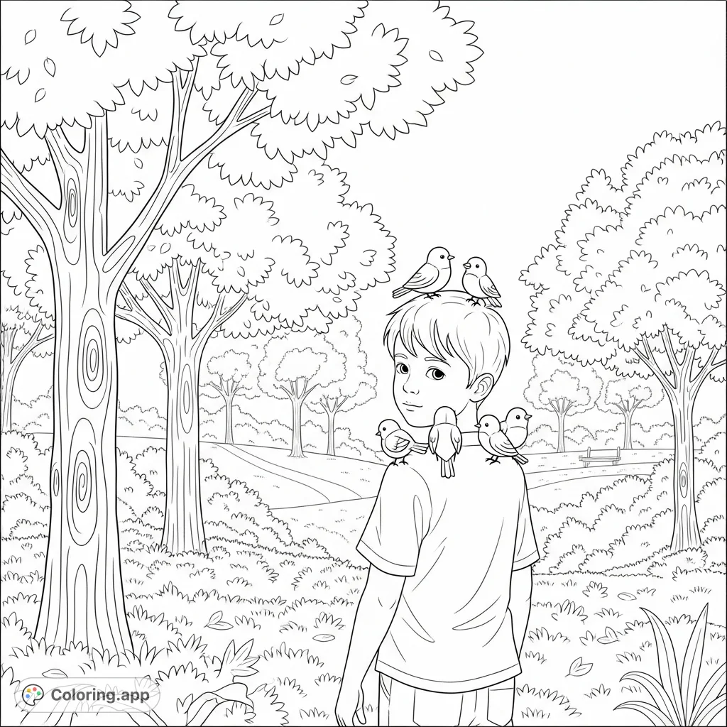 A charming park scene coloring page featuring a young boy with birds perched on him, surrounded by detailed trees and natural elements. Perfect for nature lovers!