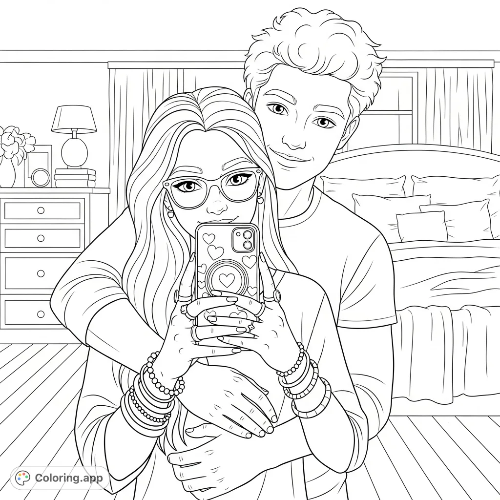 Capture a tender moment with this romantic mirror selfie coloring page. A couple in a close embrace, smiling, with a detailed bedroom background.