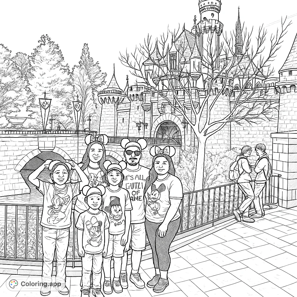 A joyful family poses in front of a majestic fantasy castle, ready for a magical adventure. Perfect for all ages to color and personalize.