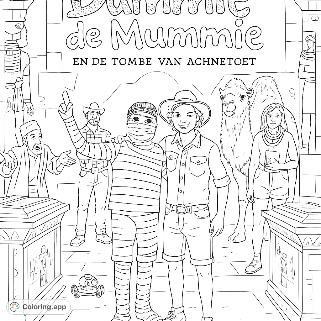 Embark on an ancient Egyptian adventure! This mummy coloring page features explorers, a camel, and a friendly mummy in a mysterious tomb setting.