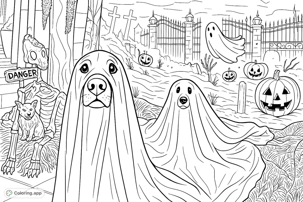 Two adorable dogs in ghost costumes amidst a spooky Halloween backdrop with pumpkins, skeletons, and a haunted gate. Perfect for festive fun!