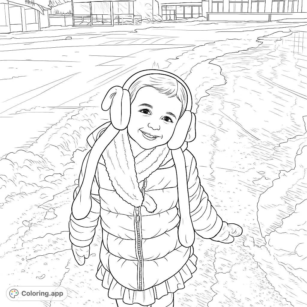 A delightful coloring page featuring a smiling child bundled in a puffy coat, fluffy scarf, and playful earmuffs, set against a snowy backdrop. Perfect for winter fun!