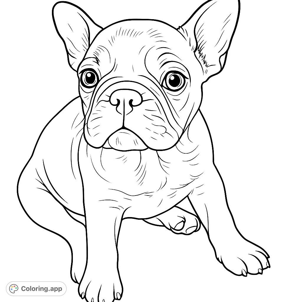 Discover an adorable French Bulldog puppy coloring page. Perfect for animal lovers, this design features a charming pup with expressive eyes and a playful pose.