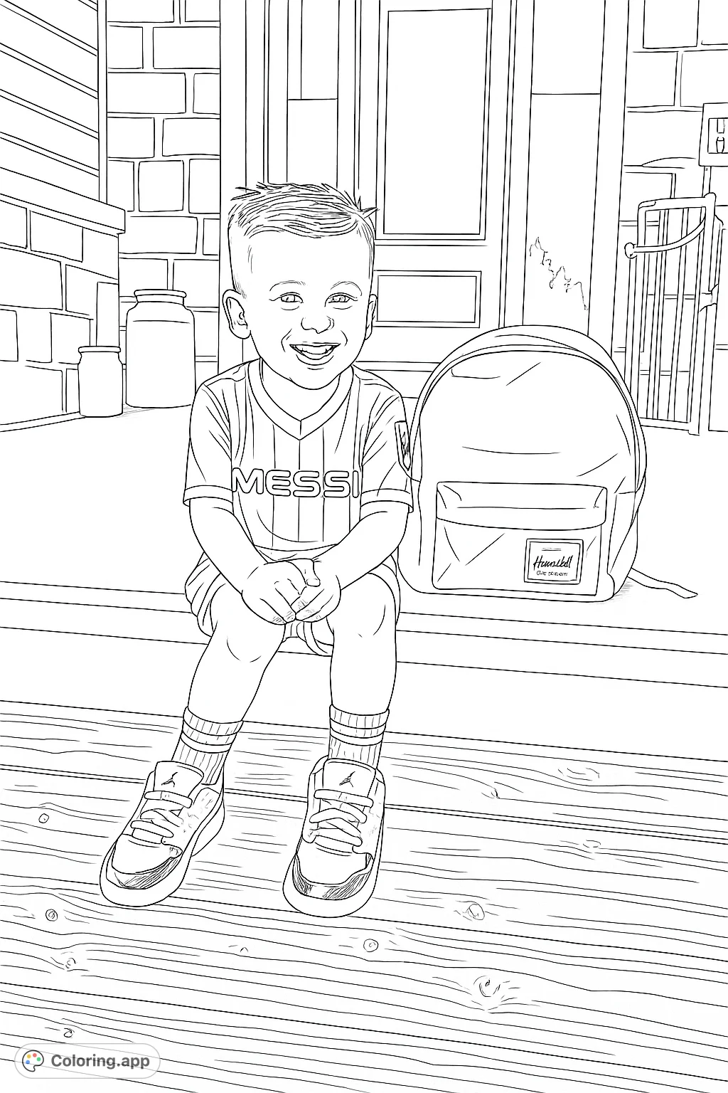 A cheerful young boy sits on porch steps with his backpack, ready for adventure. A delightful scene for kids to color, fostering creativity and fine motor skills.