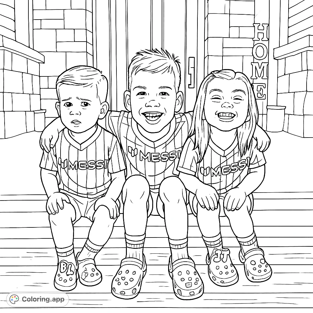 A heartwarming coloring page featuring three smiling children sitting together on a porch, perfect for family fun and creative expression.