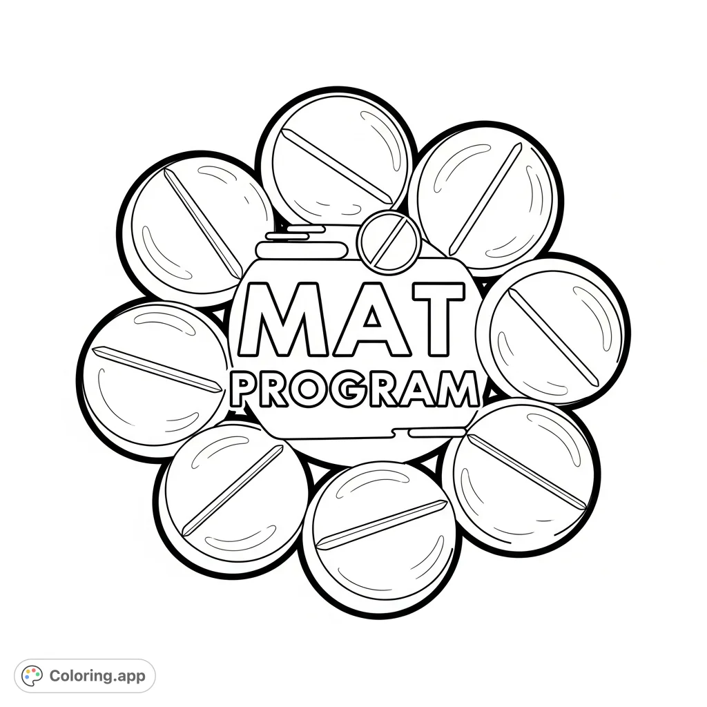 A symbolic MAT Program design featuring multiple round pills, representing medication-assisted treatment. A meaningful coloring page for adults.