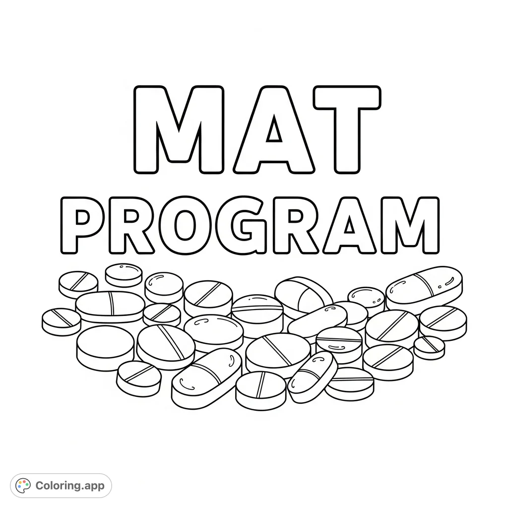 A clear "MAT program" text above an arrangement of various round and oval pills, each with distinct details. A focused design for health awareness.