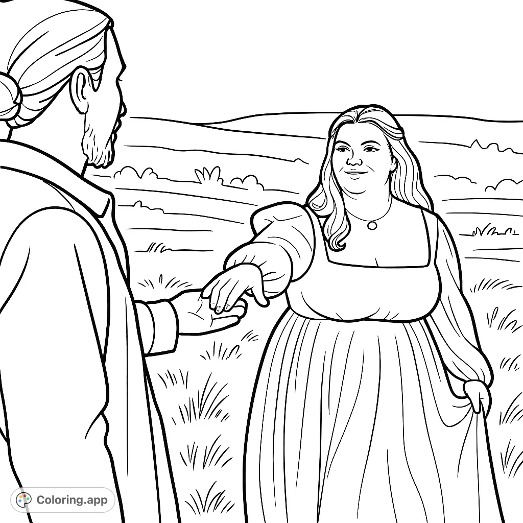 A romantic couple in a misty landscape, reaching out to each other. Capture the serene beauty and connection in this free printable coloring page.