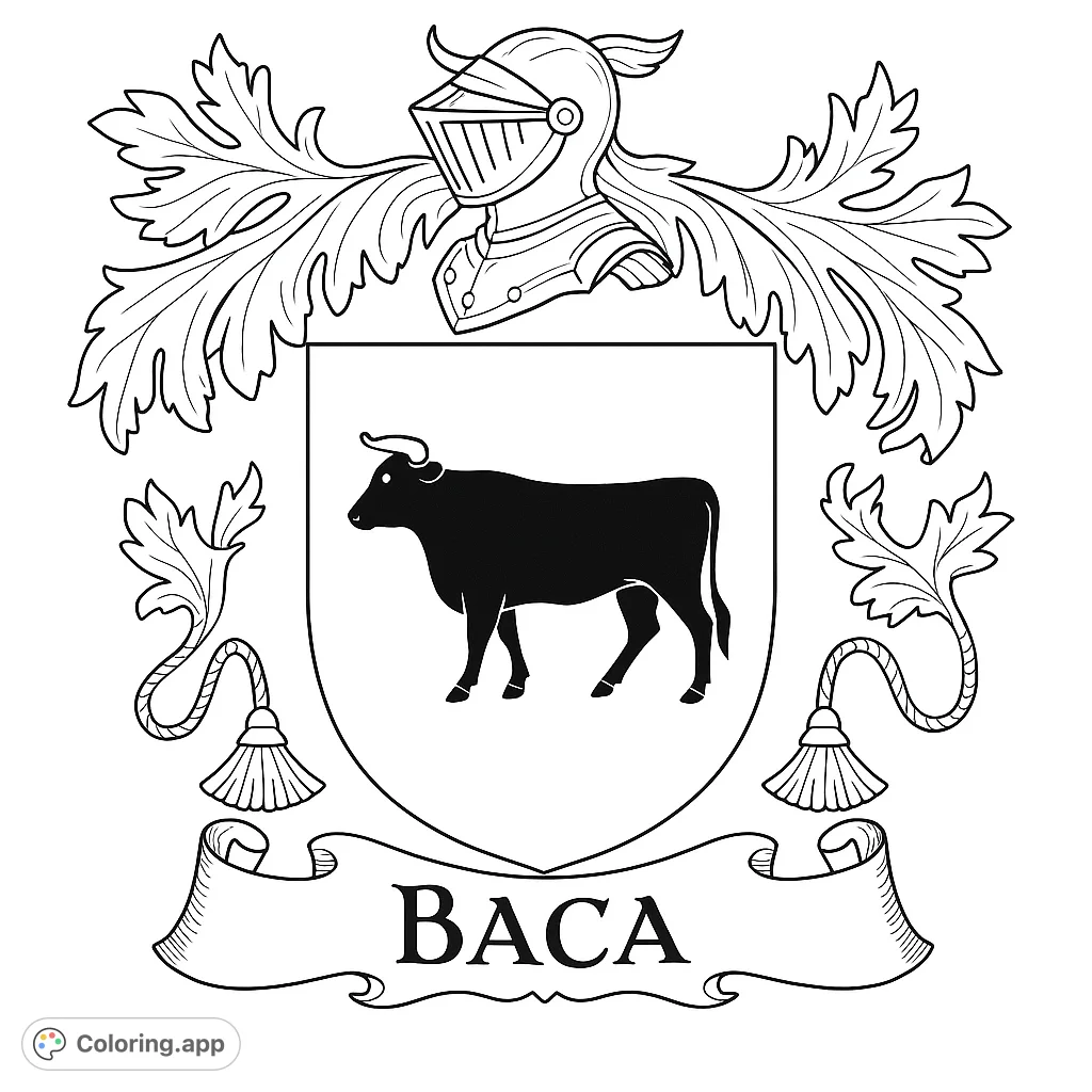 Discover the Baca family crest coloring page, featuring a proud bull on a shield, framed by a helmet and flowing mantling. A unique heraldry coloring page.