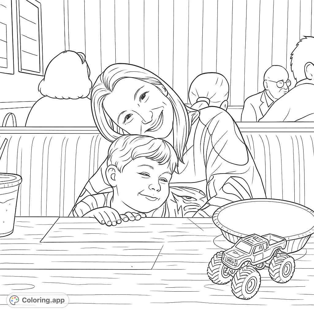 A heartwarming mother and son moment at a restaurant booth, featuring a toy monster truck and a cozy atmosphere. Perfect for family-themed coloring.