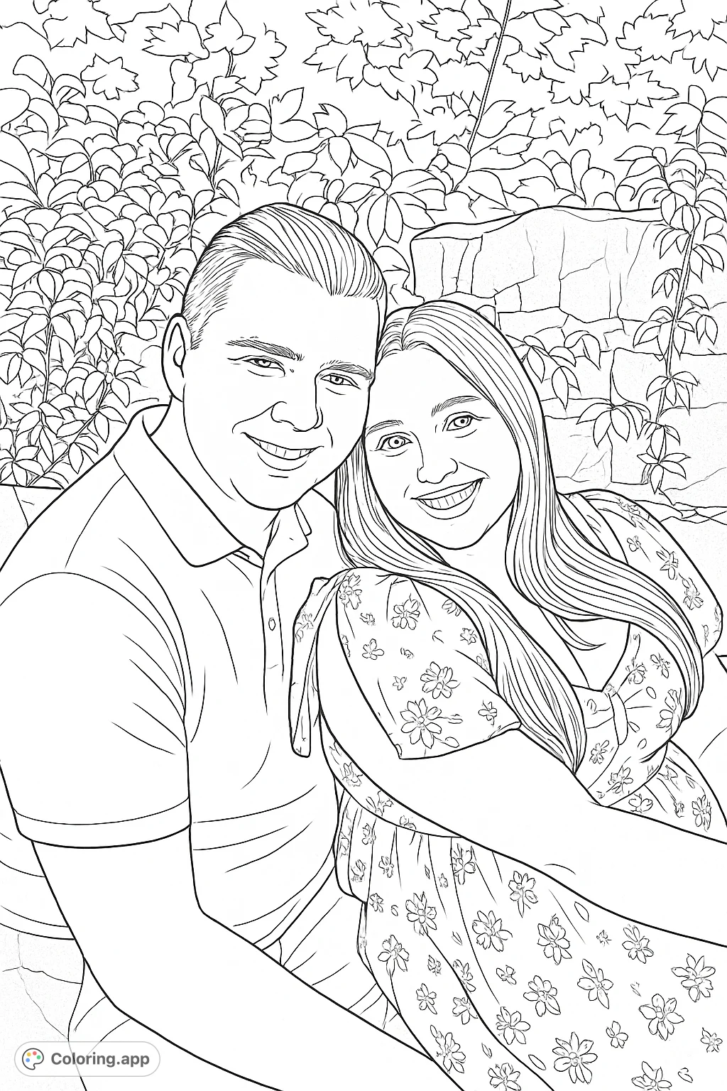 A heartwarming portrait of a smiling couple amidst lush foliage and a stone wall, perfect for a romantic coloring page.