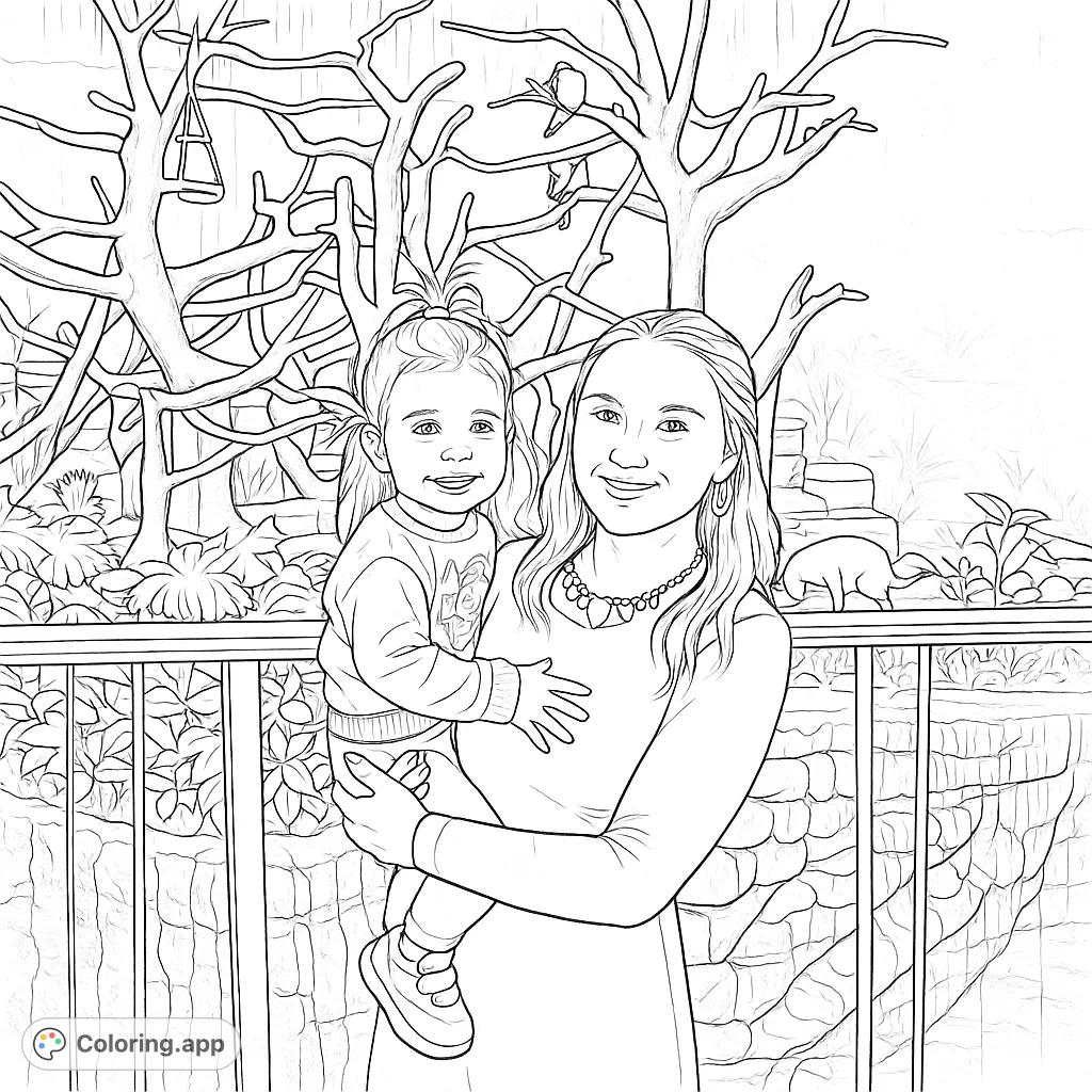 A heartwarming zoo scene featuring a smiling woman holding a happy child, surrounded by intricate tree branches and playful monkeys. Perfect for family fun.