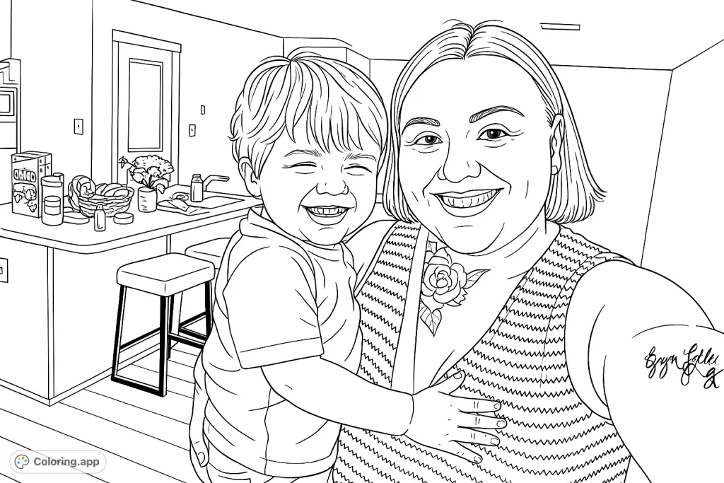 Capture a heartwarming moment with this family portrait coloring page featuring a smiling mother holding her joyful child in a cozy kitchen setting.