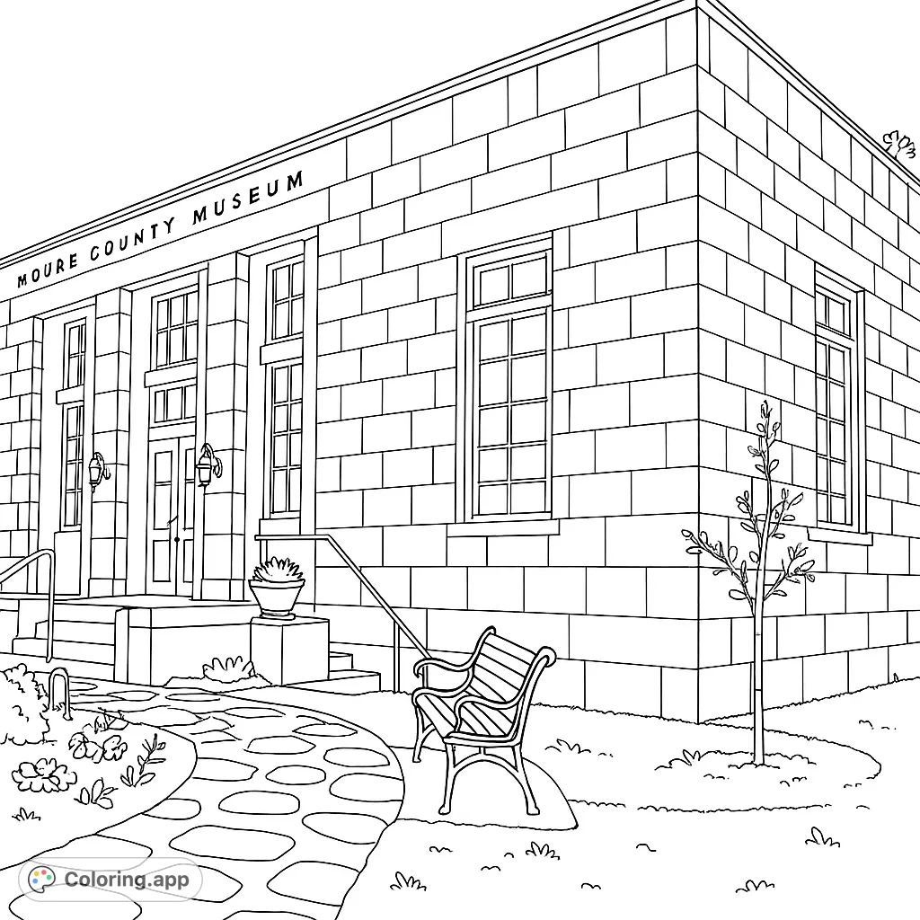 Color a grand historic museum building with classical architecture, ornate benches, and a charming pathway. Perfect for history and art lovers!