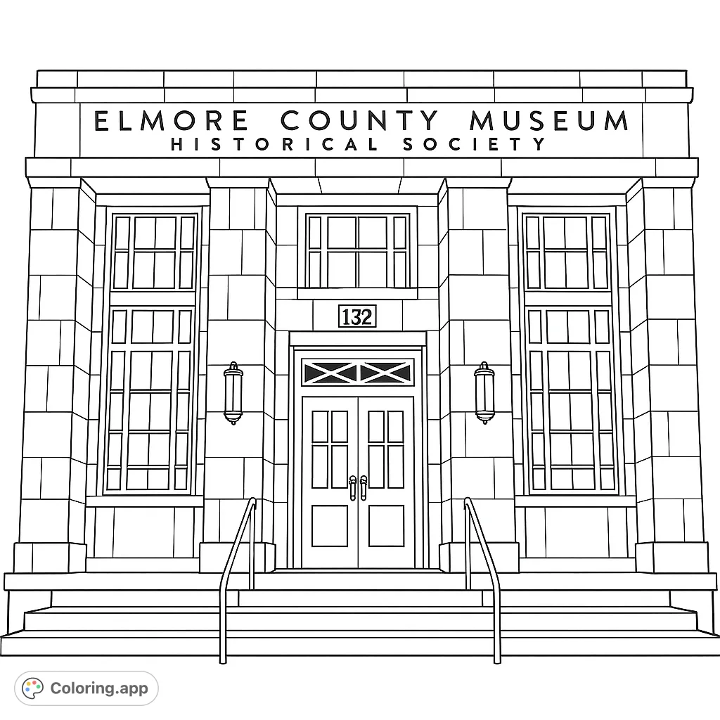 Color a grand museum entrance with intricate architectural details, large windows, and steps. A detailed historic building coloring page.