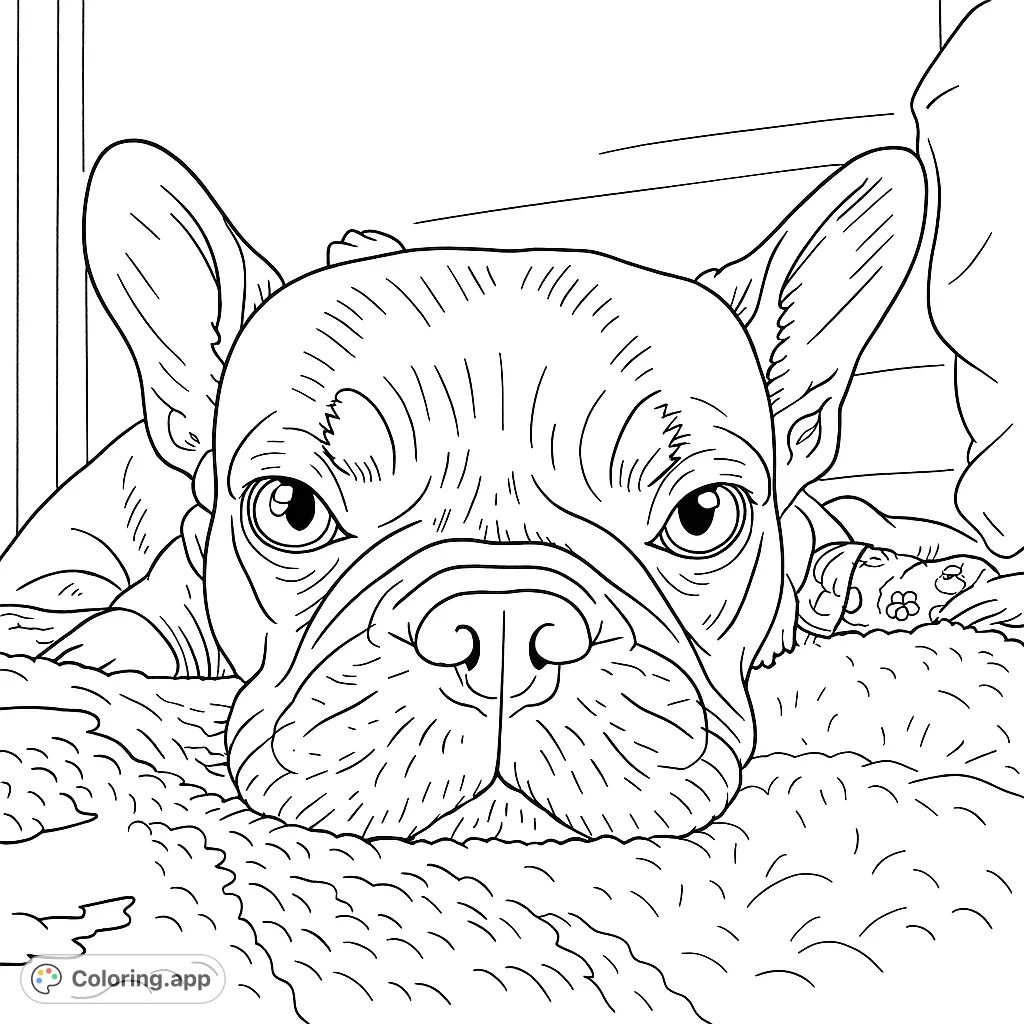 A charming French Bulldog coloring page, perfect for pet lovers. Features a detailed close-up of a dog with expressive eyes and a wrinkled snout.