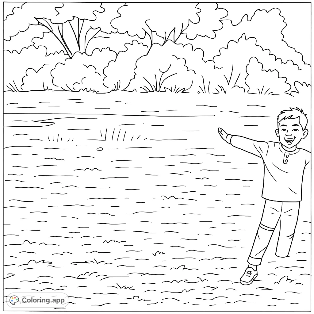 A cheerful boy points across a wide, grassy field, inviting adventure. This free printable coloring page captures a moment of outdoor fun, perfect for young explorers.
