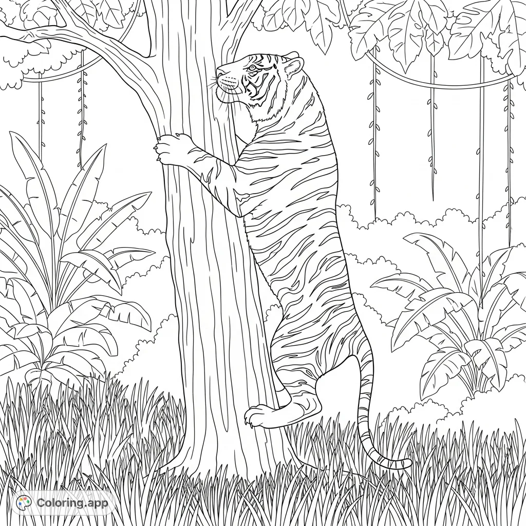 A majestic tiger climbs a tree in a lush jungle, surrounded by tall grass and exotic plants, ready for a vibrant coloring adventure.