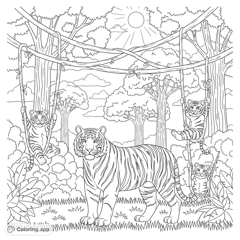 A heartwarming jungle scene featuring a majestic tiger and its three playful babies swinging on vines, surrounded by lush trees and grass under a bright sun.