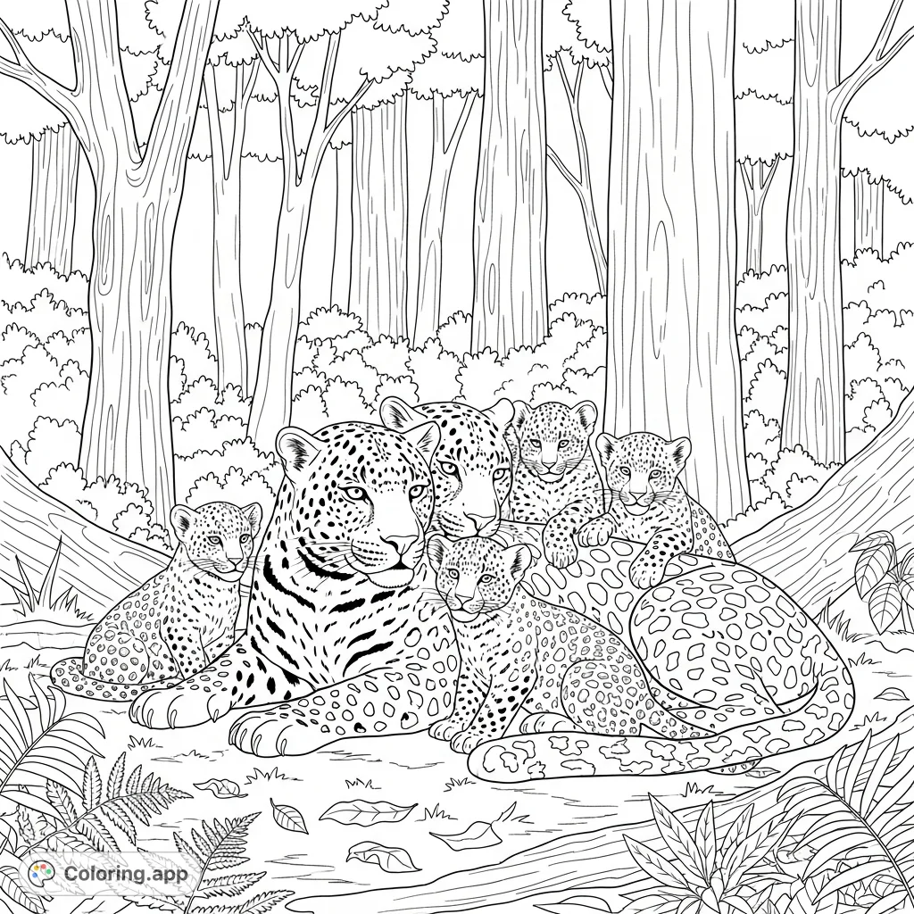 Discover a heartwarming leopard family cuddling in a lush forest. This free printable leopard coloring page is perfect for nature and animal lovers.