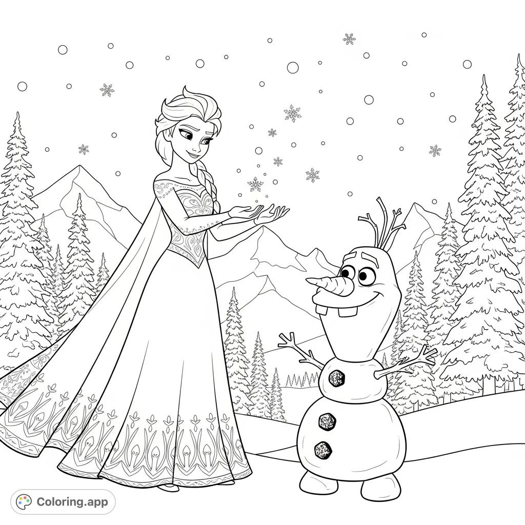 Join Elsa as she magically brings a snowman to life in a whimsical winter wonderland. A delightful scene for all Frozen fans to color and enjoy.