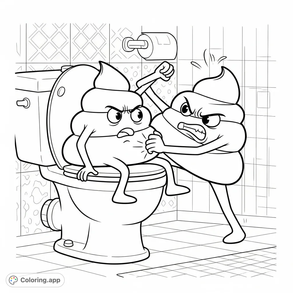 A humorous scene depicting two anthropomorphic poop characters engaged in a comical battle on a toilet, surrounded by bathroom elements. A unique coloring page.