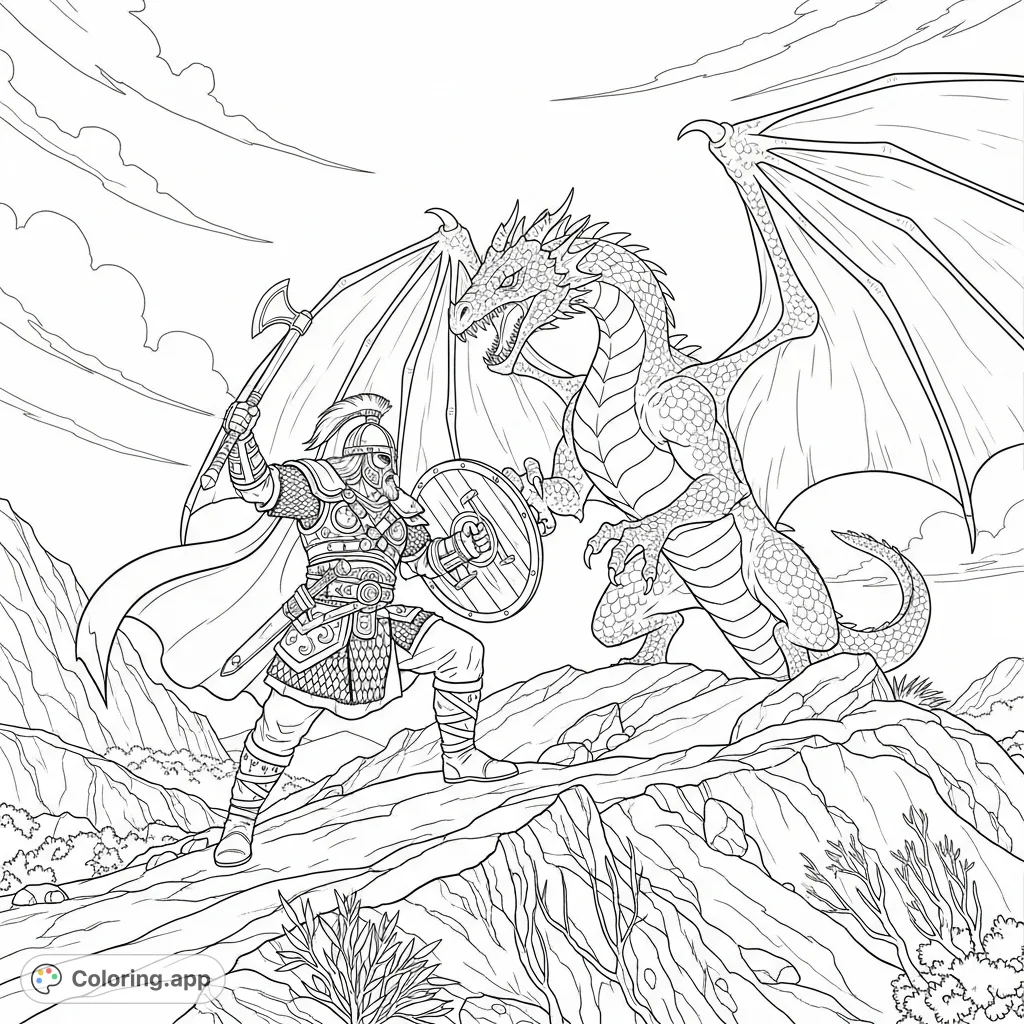 A brave Viking warrior battles a formidable winged dragon atop a rugged hilltop. Epic fantasy scene, perfect for a thrilling coloring adventure.