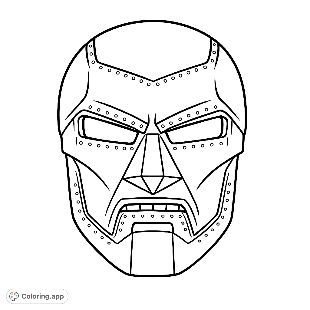 An intricate armored mask with rivets and angular features, perfect for detailed coloring. Explore metallic textures and dramatic shading.