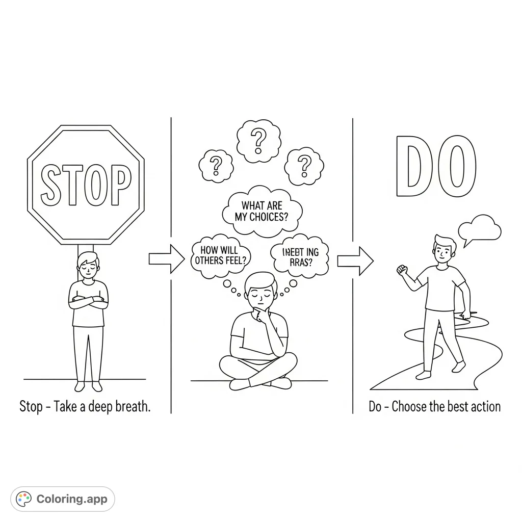 Explore the three essential decision-making steps: Stop, Think, Do. A thoughtful and engaging coloring page for all ages to learn problem-solving.