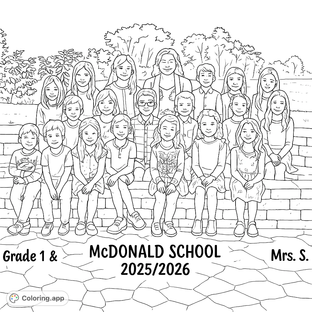 Color a charming school group portrait with a teacher and many students! A detailed scene perfect for personalizing each face and outfit.