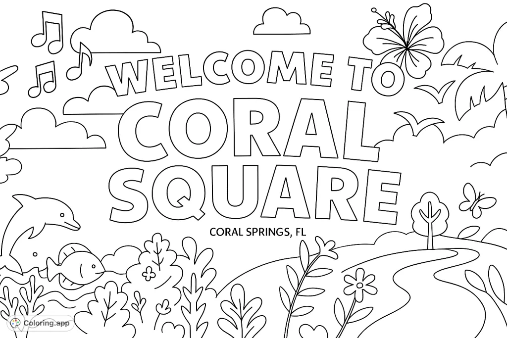 A cheerful tropical scene featuring a welcome message, playful marine life, lush foliage, and musical notes, perfect for a fun coloring experience.