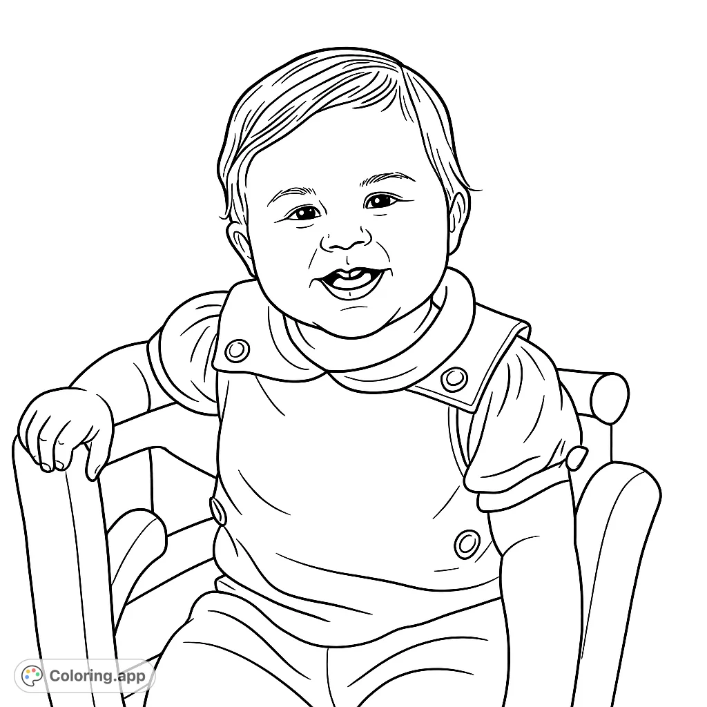 A delightful baby with a big smile, dressed in cute overalls and a collared shirt, sits in a charming wooden chair. Perfect for a heartwarming coloring experience.