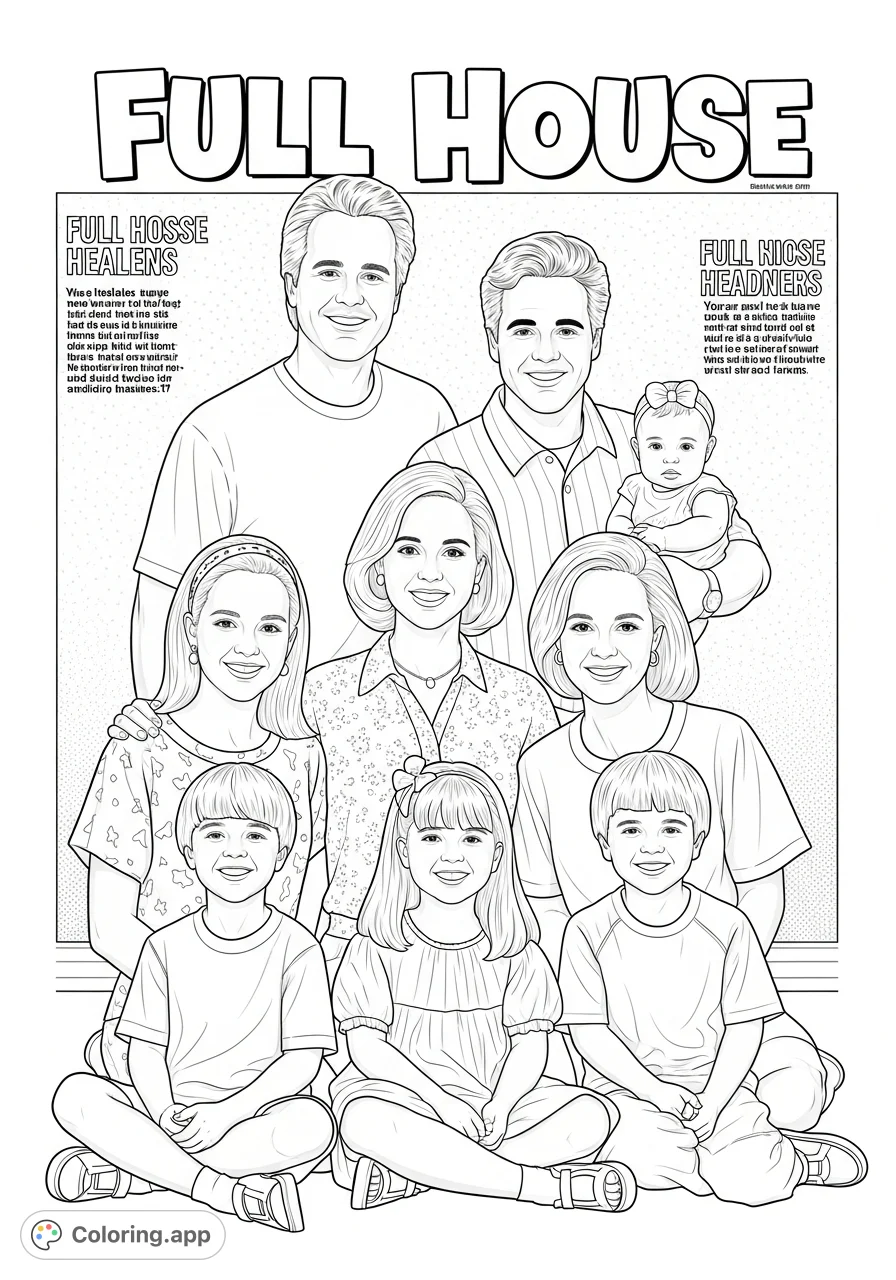 An iconic Full House coloring page featuring the beloved Cast of Full House on a magazine-style cover. Perfect for fans of the classic 80s TV show.